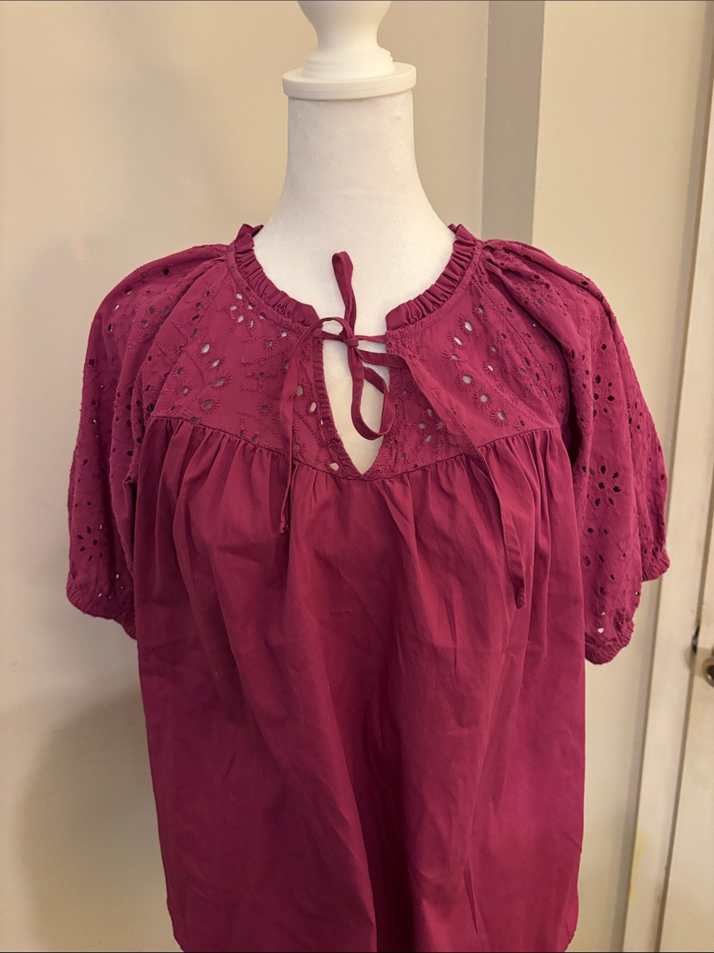 Cato Plum Eyelet Tie-Front Peasant Blouse